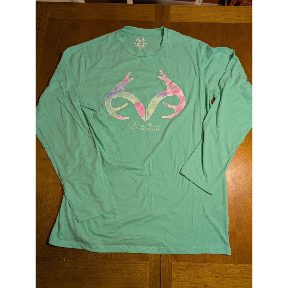 Realtree Outfitters Shirt Mens Large Green Long Sleeve Tie Dye Antler Logo Tee